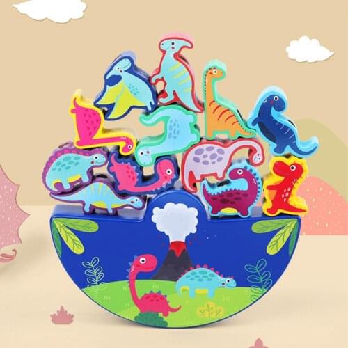 12Pcs/Set Montessori Wooden Animal Balance Blocks Board Games Toys Dinosaur Educational Stacking High Building Block Toy Gifts