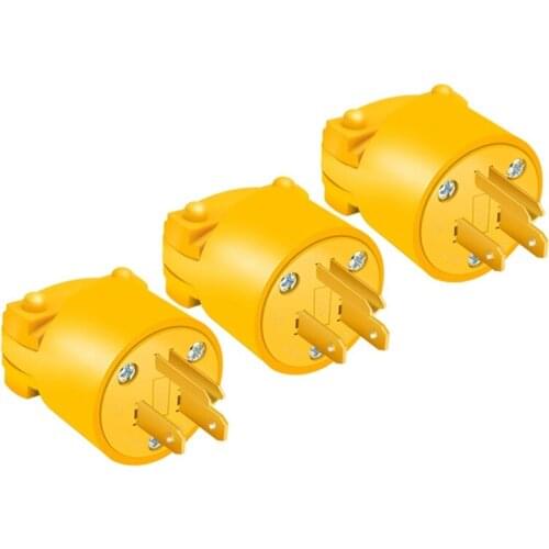 3Pcs Electrical Replacement Plug Extension Cord Ends Yellow Shell 3Wire NEMA 5-15P Industrial Grade 3-Prong US Plug