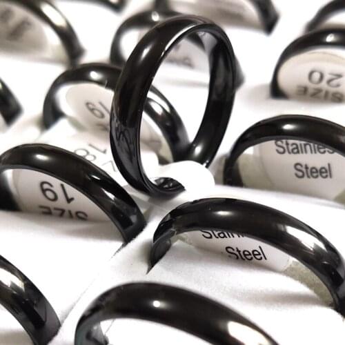 50pcs BLACK 4mm Inside comfortable Stainless Steel Band Rings High polished finish Mens Ring Wholesale Simple Classic Jewerly