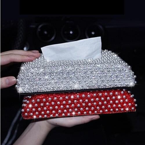 Car Luxury Pearl Diamond-encrusted Car Tissue Box Rectangular Car Tissue Holder Car Accessories Interior for Women Car Decor