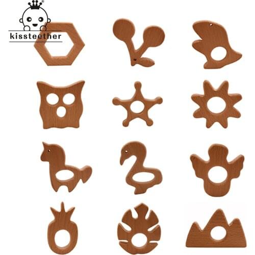 Wooden Teether Rings Natural Wood Teething Toys for Infant,Wooden Teether Animals for Toddler,Baby Soothing Pain Relief Toys