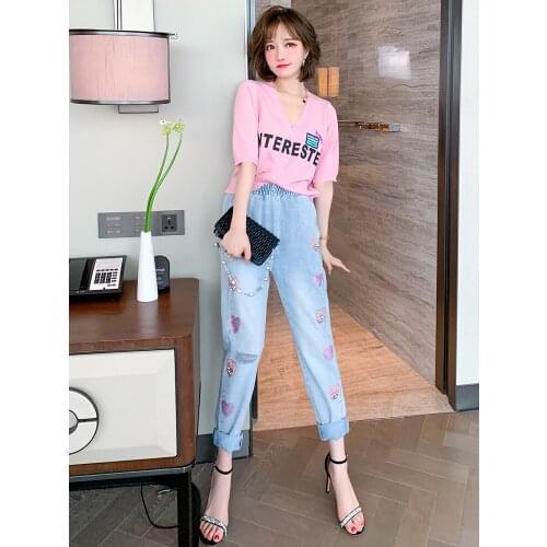 Top Quality Letterpress knitted cardigan+Beaded hot drill jeans set summer new