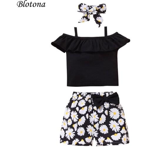 Blotona Summer 3Pcs Set Girls Clothes Fresh Boat Neck Suspender Tops and Daisy Short Pants with Headband 18Months-5Years