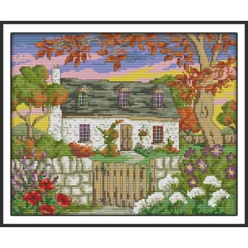 Small Courtyard Autumn Patterns Stamped Cross Stitch Kits 14ct Printed Fabric DIY Needlework 11ct Counted Canvas Embroidery Sets