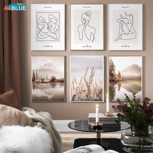 One Line Art Painting Abstract Women Body Wall Picture Vintage Nature Scenery Reeds Poster Nordic Canvas Print Decor Living Room