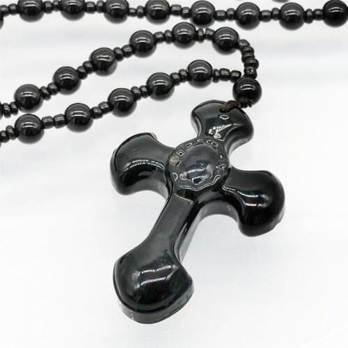 Black Obsidian Cross Necklace For Women Men Natural Stone Lucky Health Amulet Pendant Necklaces Fashion Bead Chain Jewelry Gift