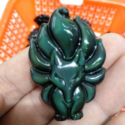 Nine-Tailed Fox Pendant Necklace Natural Rainbow Eye Obsidian Animal Fox Colorful Fairy Men Women New Jewelry Pendant With Chian