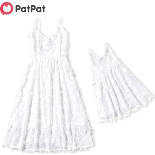 PatPat 2021 New Arrival Mommy and Me Summer Vacation Feather Sling Dresses White Childrens Clothing