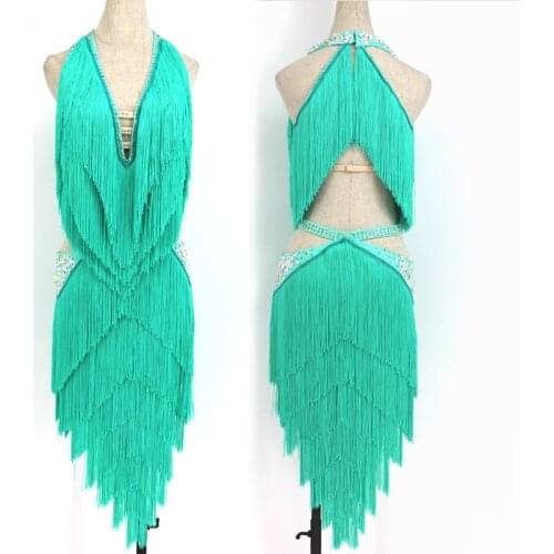 Elegant Latin Dance Dress Mint Green Rhinestone Flower Competitition Fringe Dress Skirt Club Singer Stage Performing Costume