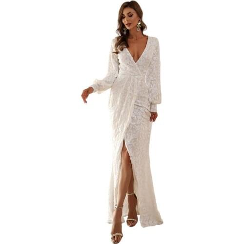 Prom Dress Dresses Woman Party Night A-line Floor-Length Evening Dresses Summer Temperament Slim White Long-sleeved Split Dress