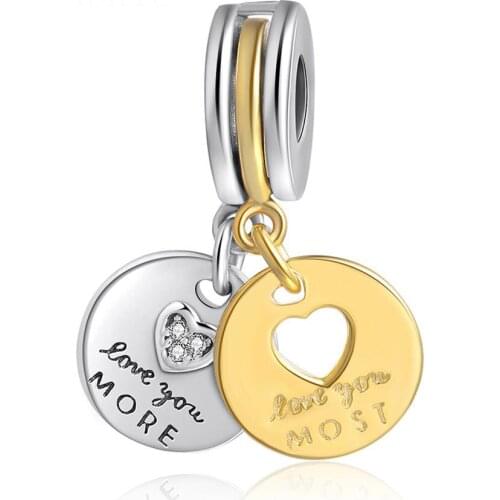 Authentic S925 Silver Pendant Bead fit Lady Bracelet Bangle Golden Love you Most & More Dangle Charms DIY Jewelry