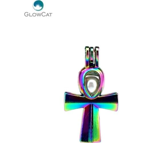 C677 5pcs/lot Rainbow Color Egyptian Ankh Cross Pearl Beads Cage Locket Pendant Pearl Locket Fairytale Party