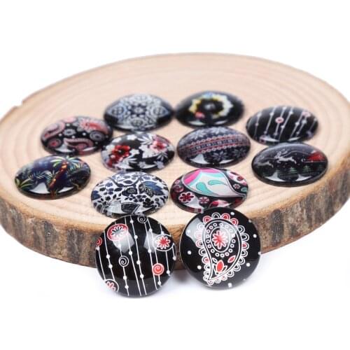 Reidgaller diy mix black flower photo round dome glass cabochons 12mm 14mm 18mm 20mm 25mm