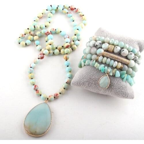 RH Fashion Jewelry Set Semi Precious Beaded Blue Stone Knotted Pendant Necklace and Bracelet Set For Women Jewelry