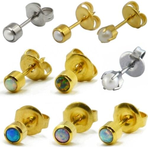 White Pearl & Opal Stone Stud Ear Piercing Helix Body Jewelry Tragus Cartilage Earring Studs Sold by Pair