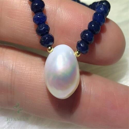 Blue Chalcedony White Baroque Pearl Necklace 18 inches Diy Gift Aurora Chain Real