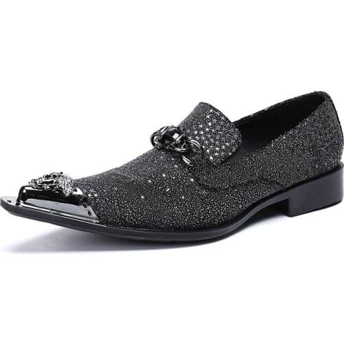 Fashion Italian Men Metal Toe Wedding Dress Shoes Genuine Leather Party Business Shoes Luxury Delicate Men Ball Social Shoes