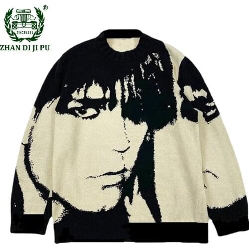Harajuku Vintage Knitted Sweater Men Japanese Style Anime Portrait Printed Loose Sweater Unisex 2021 Autumn Cotton Pullover Tops
