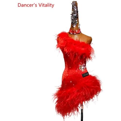 Latin Dance Skirt Female Adult Fashion Sexy Feather High-end Custom Dress Professional Performance Dancing Wear Training Suit