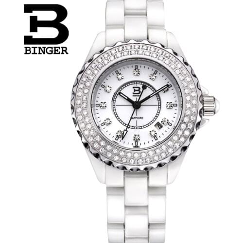 Genuine Switzerland BINGER Brand ceramic Women quartz watch fashion casual lady rhinestone diamond waterproof dress table BBPS