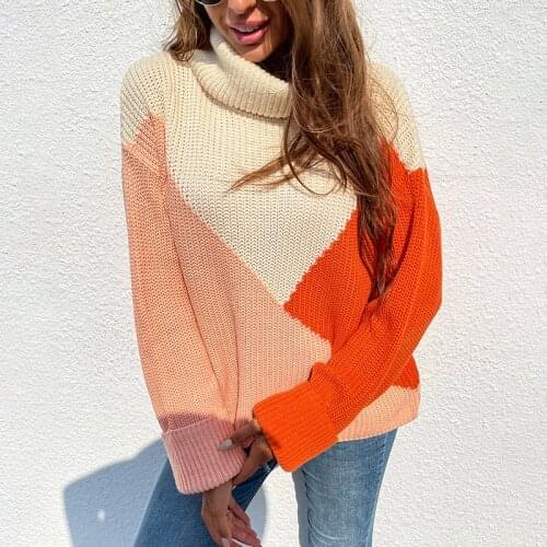 Female Sweaters Winter Knitted Turtleneck Cashmere Sweater Casual Pullover Stitching Color Long Sleeve Loose Tops Ladies Sweater