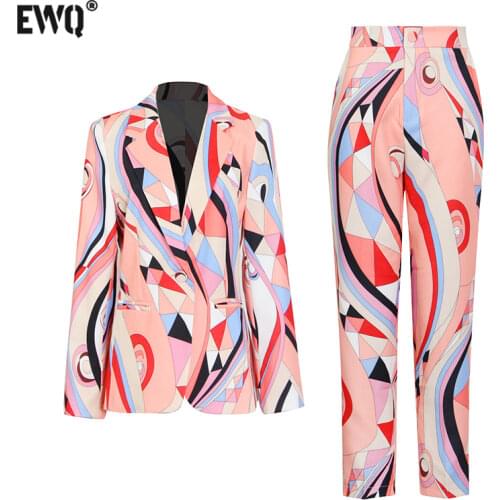 [EWQ] Casual Trend Women Lapel Print Single-button Blazer+Trousers Set Autumn 2021 High-quality Office Trendy Lady 2 Piece Suit