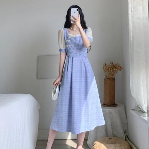 Plaid Women Sweet Retro Dress 2021 Summer New French Ruffled Square Collar Sweet and Cute Ladies Art Plaid Kawaii Midi Dresses