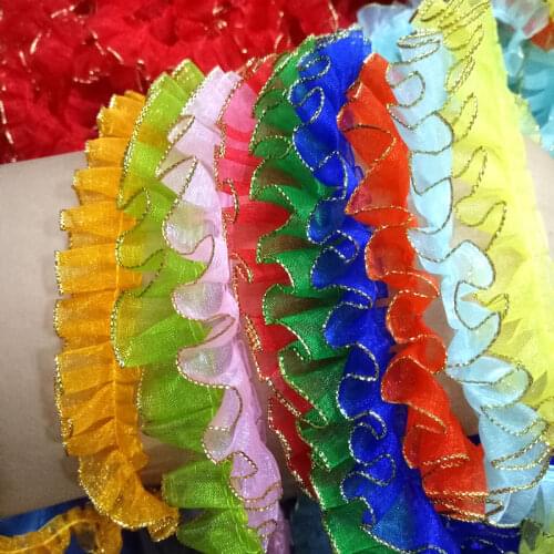 1M Pleated Tulle Lace Fabric Material 2cm Trim Guipure Gold Lace Fabric Sewing Trimmings And Embellishments Craft Supplies RT26