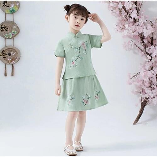 Lovely Girls Cheong-sam 2PC Chinese Traditional Style Han Fu Baby Retro Dress Children Summer Casual Cotton Linen Dresses