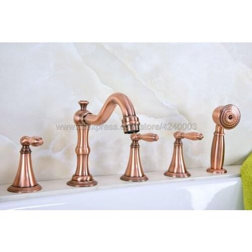 Antique Red Copper Basin Faucets Deck Mount 5 Holes Bathtub Mixer Faucet Handheld Shower Widespread Ktf219