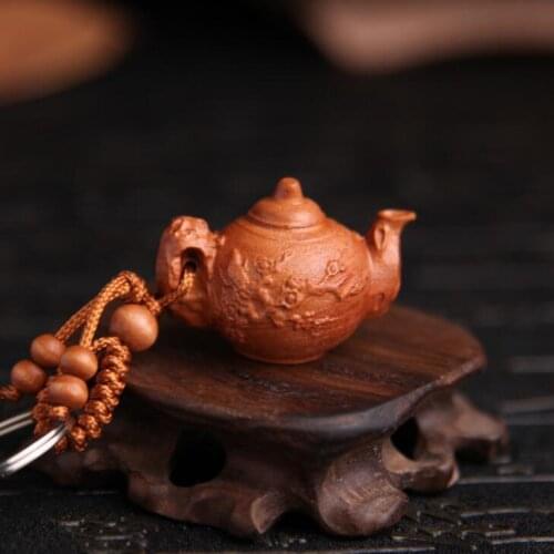 Chinese Peach Wood Carved Good Luck Plum Blossom Teapot Exquisite Car Key Chain Pendant