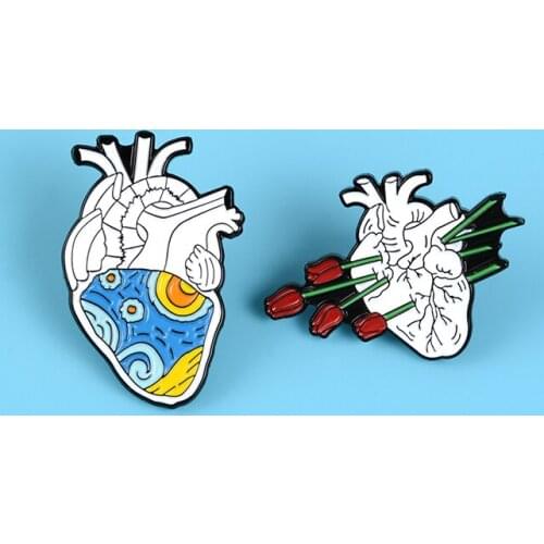 Anatomy Heart Enamel Pins Van Gogh Starry Night Rose Medical Brooch Heart Pins for Doctors and Nurses Lapel Pin Bags Badge Gifts