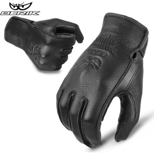 BERIK Black Goatskin Motorcycle Gloves Vintage Genuine Leather Big Eyes Boy Print Logo Glove Motorbike Moto Guantes Biker Gloves