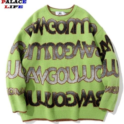 Men Harajuku Sweater Hip Hop Streetwear Letter Print Knitted Jumper Sweater 2021 Autumn Cotton Pullover Loose Knitwear Tops