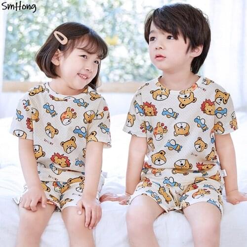 Boys and Girls Animal Printed Short Sleeve Cotton Pajamas Children Summer Clothes Girls Homewear Summer Pyjamas for Kids