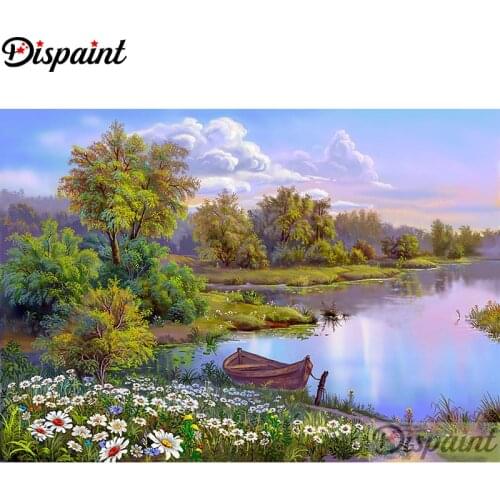 Dispaint Full Square/Round Drill 5D DIY Diamond Painting"Lakeside boat scenery"Embroidery Cross Stitch Home Decor Gift A21286