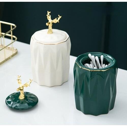 European Ceramic Golden Fawn Cotton Swab Holder Toothpick Box Small Storage Tank Storage Tank Creative Home Decoration Ornaments