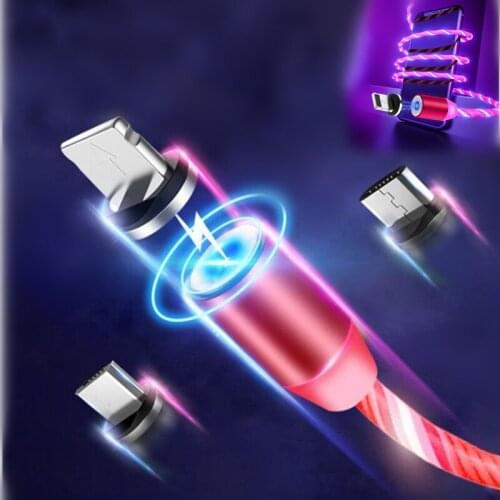 1M 2.1A Flowing Light LED Magnetic Micro USB Cable For iPhone Samsung Xiaomi IOS Type C Plug TPE+ PVC Bright Wire Cable Charger