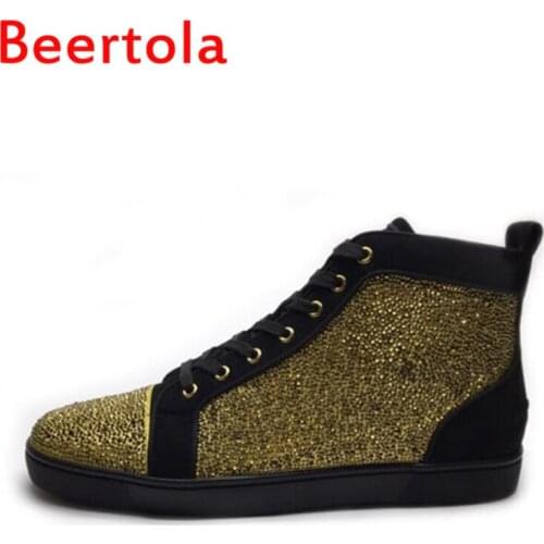 Beertola Mens Casual Flats Shoes Bling Gold Crystal Top Bottom Lace Up Leisure Style Designers Mixed Color Chaussures Male