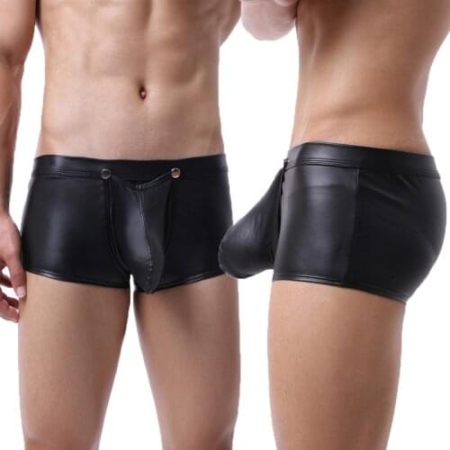Men Boxer Shorts PU Leather Bugle Pouch Open Crotch Underwear Trunks Calzoncillos Hombre Boxershorts Erotic Wetlook Gay Panties