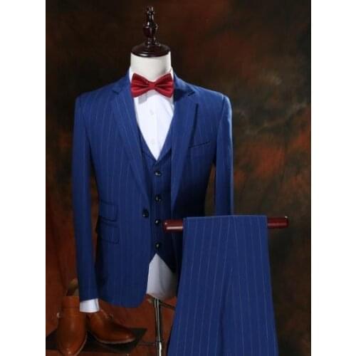 New Latest Stripe Mens Suits 3 Pieces Fashion Custom Made Business Tuxedos Wedding Groomsmen Outfit(Jacket+Pant+Vest+Tie)