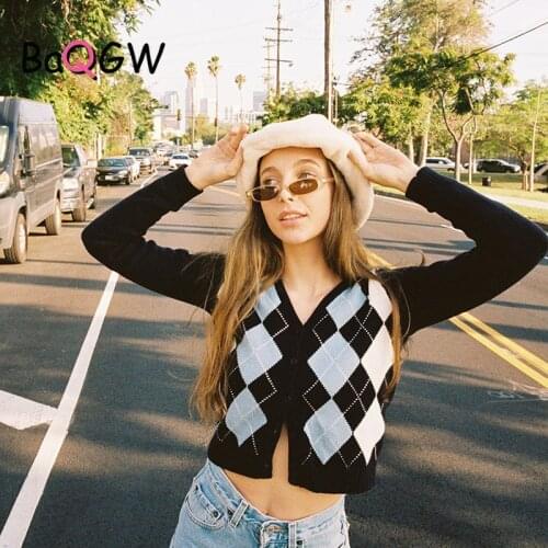 BaQGW Autumn Vintage Plaid Single Breasted Button Cardigan Sweaters Fall Woman V-Neck Long Sleeve Knitwear Jumper Korean Tops