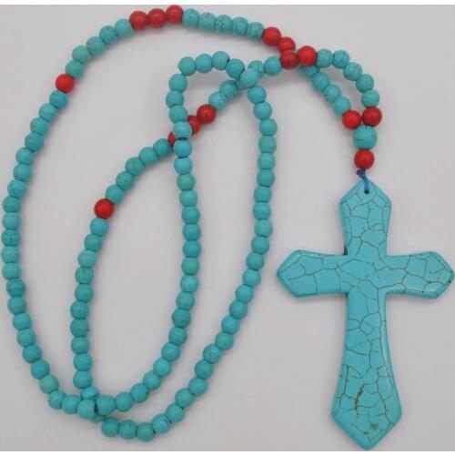 Blue Howlite Cross Necklace 28 Inch Fashion Jewelry F211