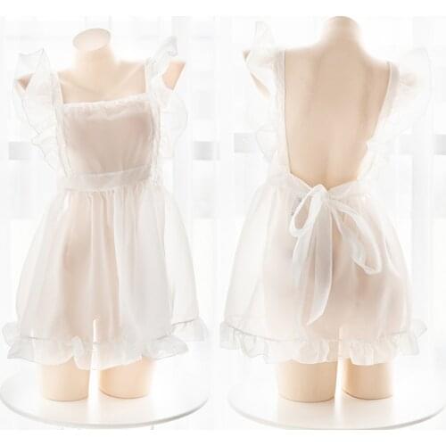 Japanese Maid Kawaii Lolita Girl Transparent Apron Short Skirt Smock Lace Sexy Bandage Nightdress Underwear School Girl Dress