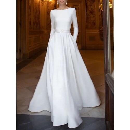 A Series Wedding Dress Gemstone Neck Mopping Length Stretch Satin Long-Sleeved Romantic Halter Brirobe De Sdal Wedding gown 2021