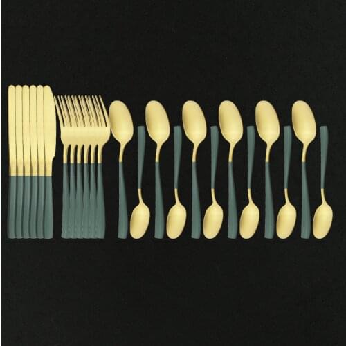 Dinner Cutlery Stainless Steel Cutlery Spoon Fork Set Matte Cutlery Set of Spoon and Fork 24 Pieces Green Gold Dinnerware Set