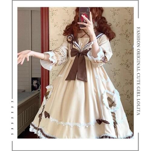 Japanese kawaii girl sweet lolita dress vintage lace bowknot sailor collar high waist victorian dress loli cos gothic lolita op