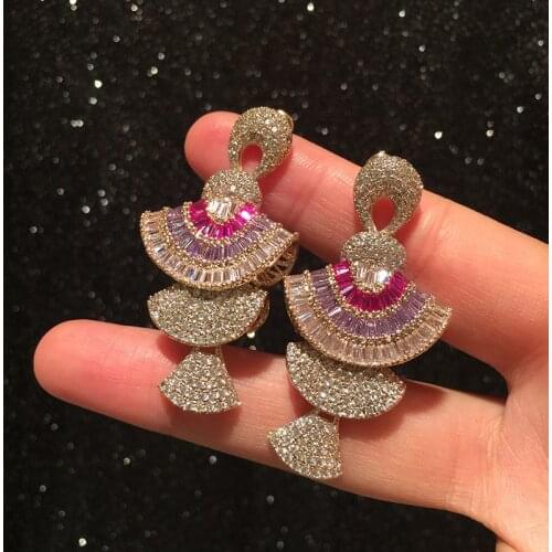 For Women Fan Shaped Earrings Round Face Thin Light Luxury Zircon Gradient Purple Pink Small Skirt Jewelry Tassel Pendant falda