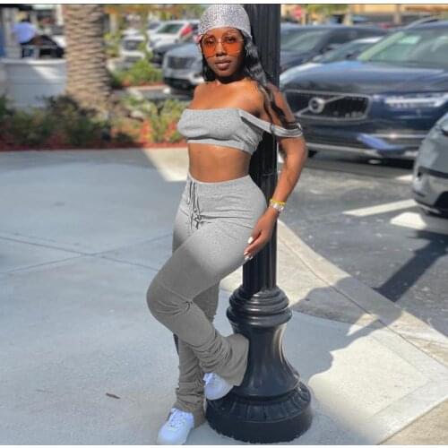 2 Piece Set Women Crop Top And Stacked Pants Summer Clothes Streetwear Matching Sets Short Sleeve Club Outfit Female wholesale