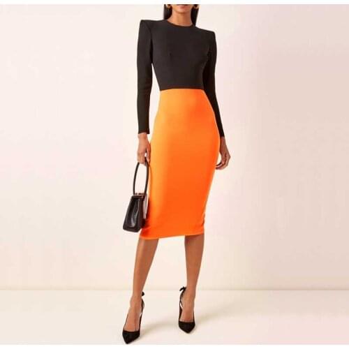 Free Shipping Winter Wholesale Women Black orange Splicing Fashion Casual Celebrity Cocktail Party Bandage Dress